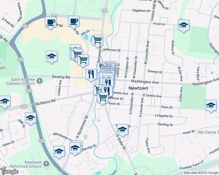 map of restaurants, bars, coffee shops, grocery stores, and more near 26 South State Street in Newtown