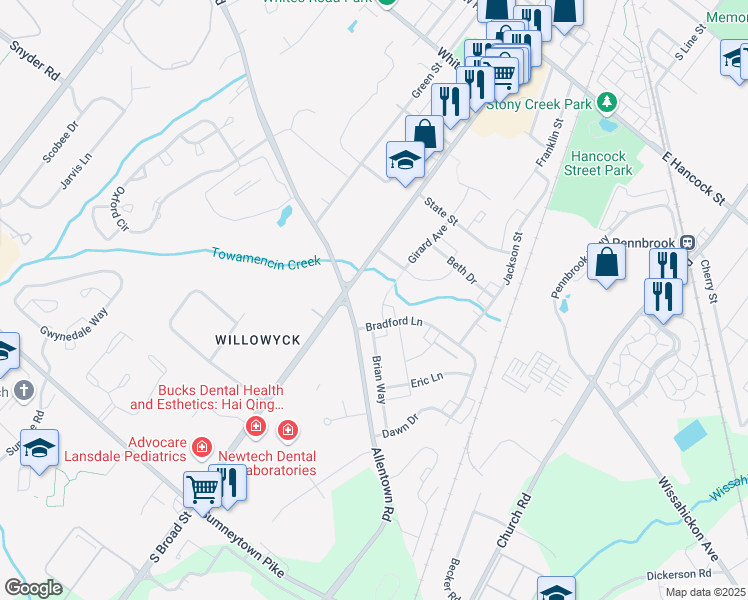 map of restaurants, bars, coffee shops, grocery stores, and more near 888 Sturbridge Lane in Lansdale