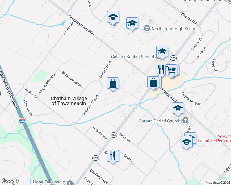 map of restaurants, bars, coffee shops, grocery stores, and more near 104 Oberlin Terrace in Lansdale
