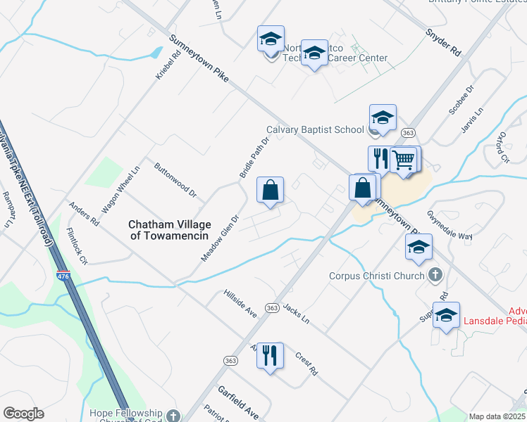 map of restaurants, bars, coffee shops, grocery stores, and more near 201 Oberlin Terrace in Lansdale