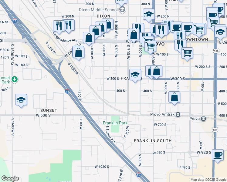map of restaurants, bars, coffee shops, grocery stores, and more near 817 West 400 South in Provo