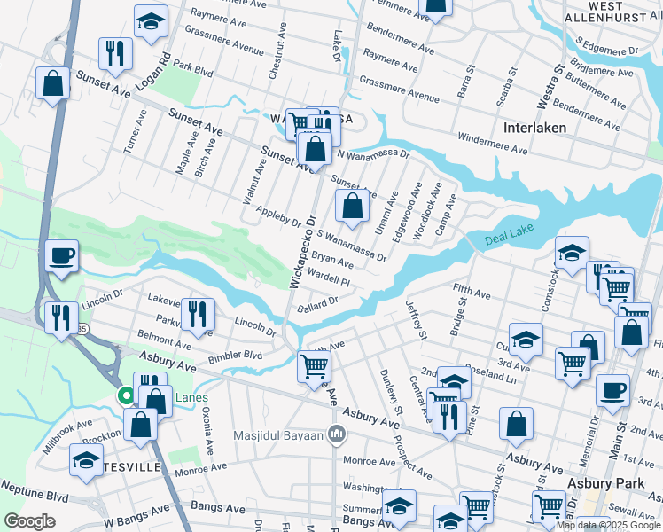 map of restaurants, bars, coffee shops, grocery stores, and more near 1710 Bryan Ave in Ocean Township