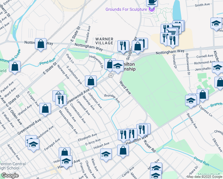 map of restaurants, bars, coffee shops, grocery stores, and more near 161 Joan Terrace in Hamilton Township