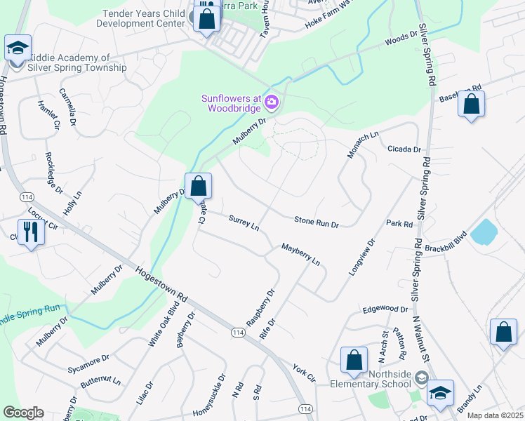 map of restaurants, bars, coffee shops, grocery stores, and more near 21 Stone Run Drive in Mechanicsburg