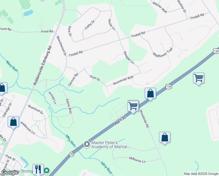 map of restaurants, bars, coffee shops, grocery stores, and more near 2 Roosevelt Way in Robbinsville Township