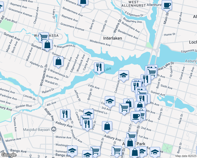 map of restaurants, bars, coffee shops, grocery stores, and more near 1214 Sunset Avenue in Asbury Park