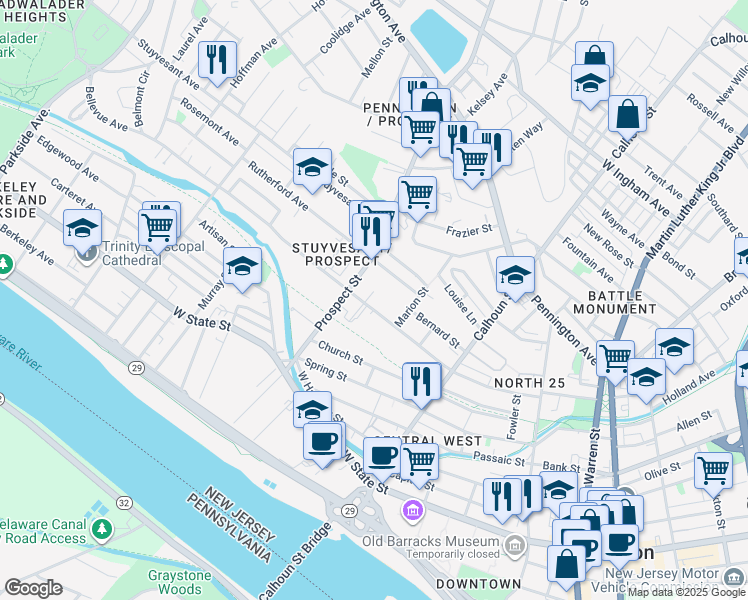 map of restaurants, bars, coffee shops, grocery stores, and more near 324 Bellevue Avenue in Trenton