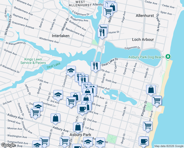 map of restaurants, bars, coffee shops, grocery stores, and more near 809 6th Avenue in Asbury Park