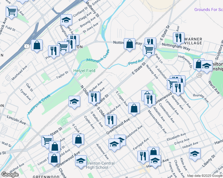 map of restaurants, bars, coffee shops, grocery stores, and more near 1284 East State Street in Trenton