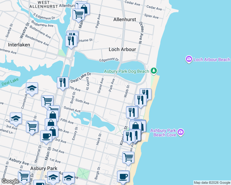 map of restaurants, bars, coffee shops, grocery stores, and more near 1615 Park Avenue in Asbury Park