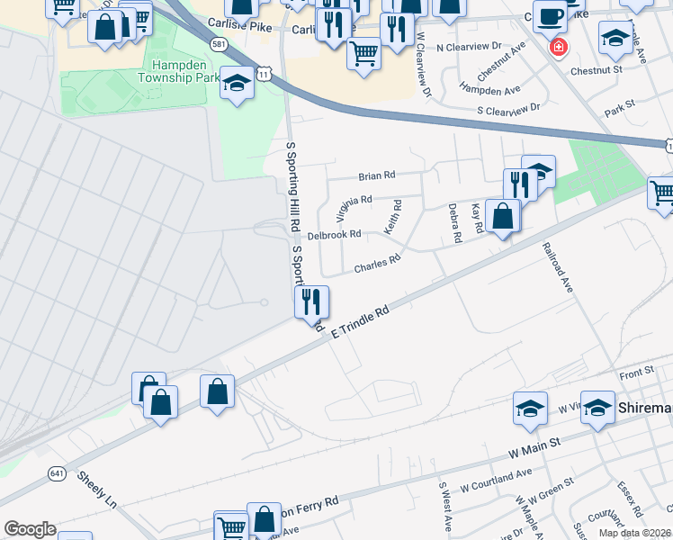 map of restaurants, bars, coffee shops, grocery stores, and more near 318 Virginia Road in Mechanicsburg