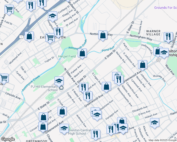 map of restaurants, bars, coffee shops, grocery stores, and more near 1284 East State Street in Trenton