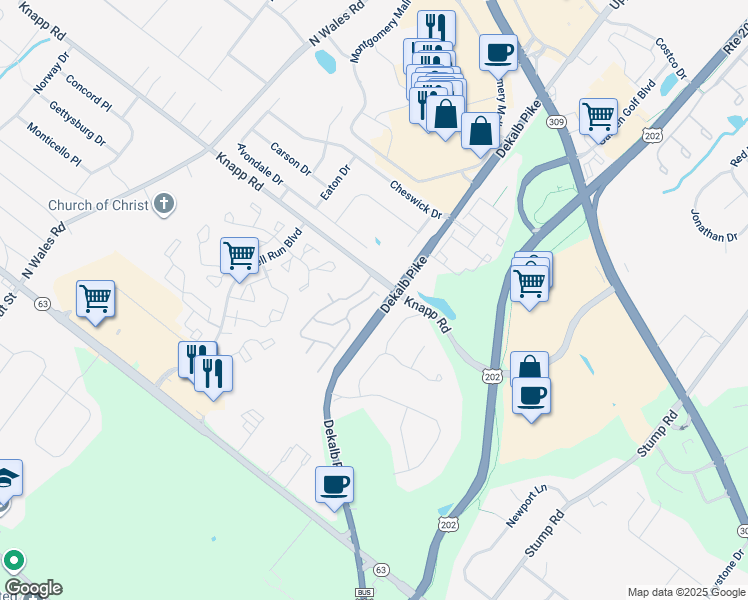 map of restaurants, bars, coffee shops, grocery stores, and more near 216 Warwick Way in North Wales