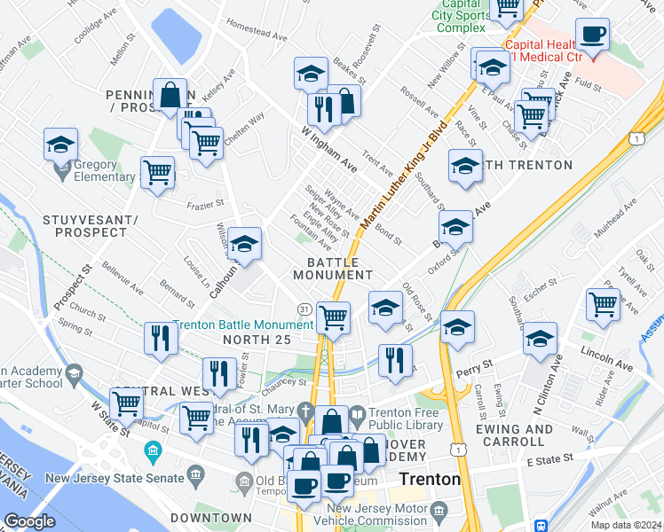 map of restaurants, bars, coffee shops, grocery stores, and more near 18-20 Sweets Avenue in Trenton