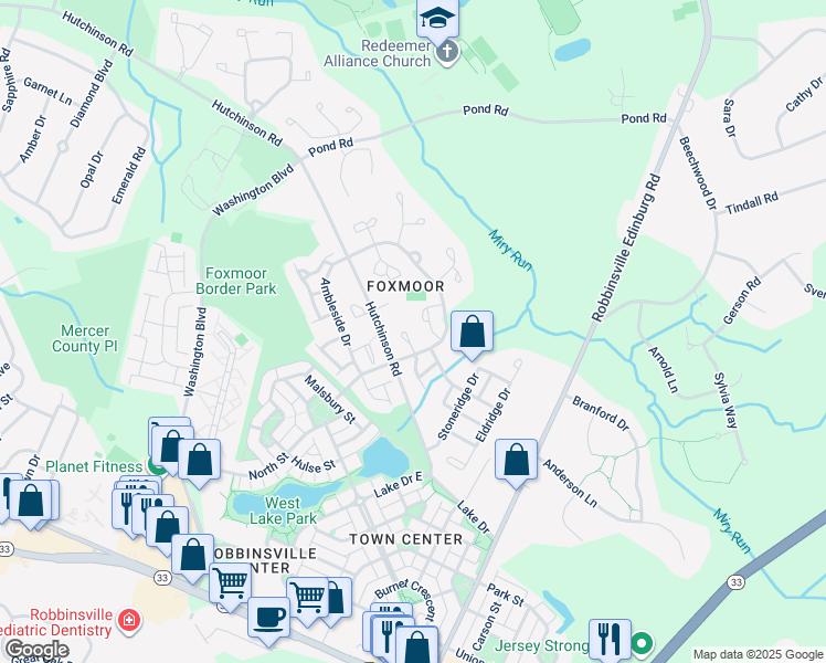 map of restaurants, bars, coffee shops, grocery stores, and more near 210 Waverly Court in Robbinsville Township