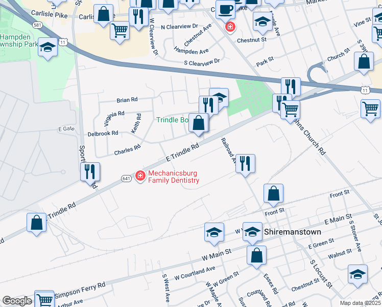 map of restaurants, bars, coffee shops, grocery stores, and more near 4714 East Trindle Road in Mechanicsburg