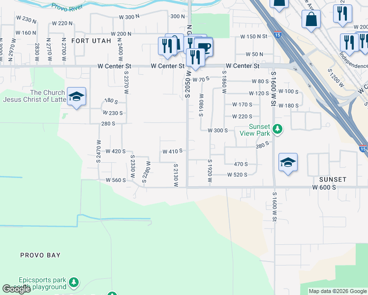 map of restaurants, bars, coffee shops, grocery stores, and more near 395 South 2050 West in Provo
