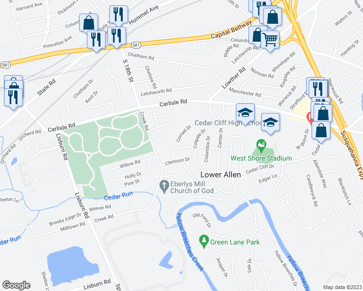 map of restaurants, bars, coffee shops, grocery stores, and more near 8 Citadel Drive in Camp Hill