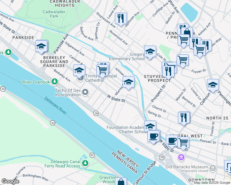 map of restaurants, bars, coffee shops, grocery stores, and more near 21 Murray Street in Trenton