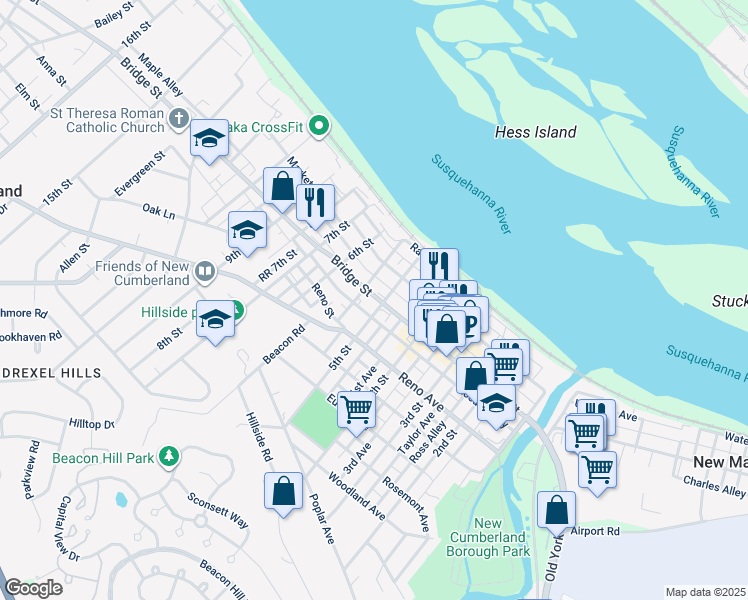 map of restaurants, bars, coffee shops, grocery stores, and more near 508 Bridge Street in New Cumberland