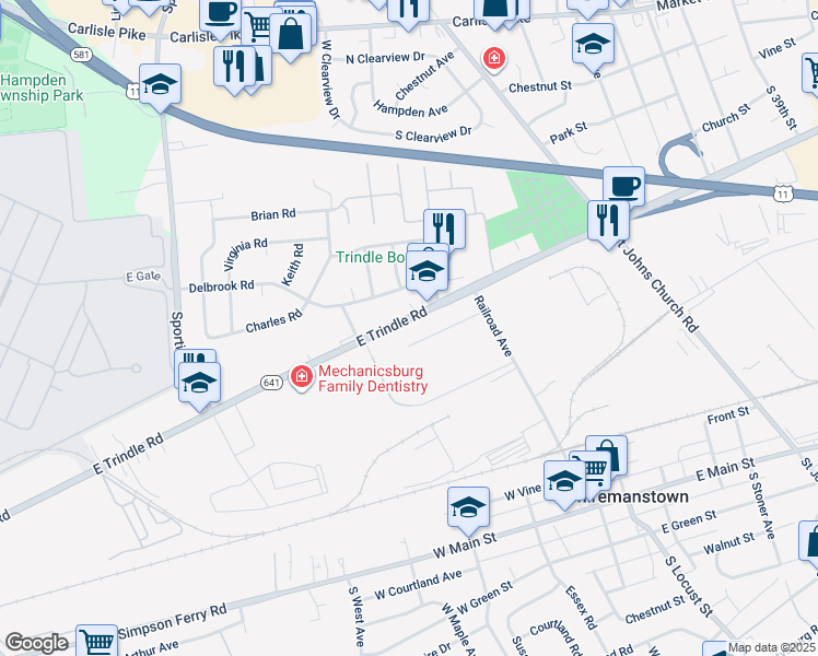 map of restaurants, bars, coffee shops, grocery stores, and more near 4714 East Trindle Road in Mechanicsburg