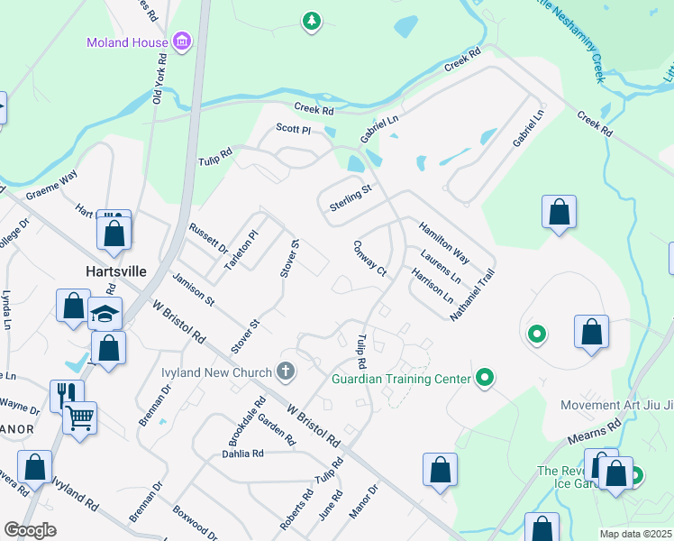 map of restaurants, bars, coffee shops, grocery stores, and more near 206 Red Maple Court in Warwick
