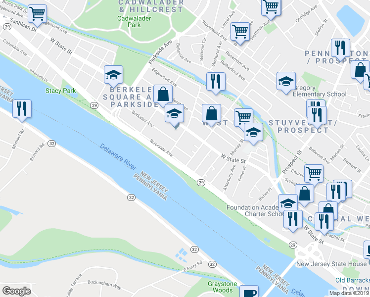 map of restaurants, bars, coffee shops, grocery stores, and more near 30 Cumberland Avenue in Trenton