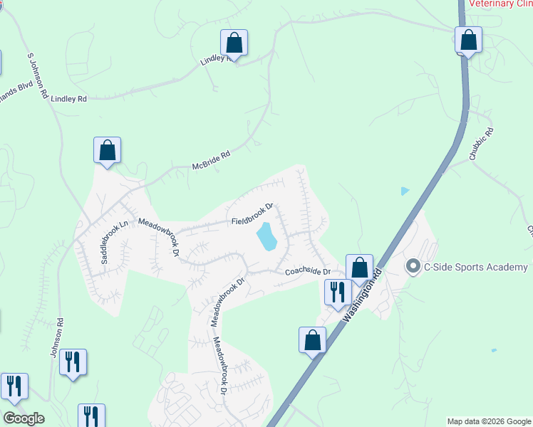 map of restaurants, bars, coffee shops, grocery stores, and more near 327 Fieldbrook Drive in Washington