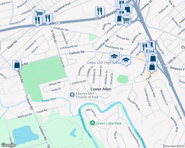 map of restaurants, bars, coffee shops, grocery stores, and more near 16 Citadel Dr in Camp Hill