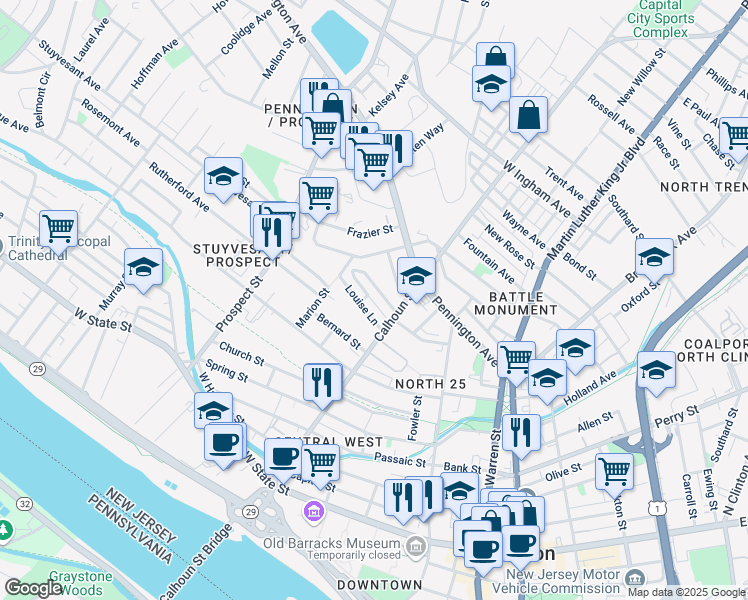 map of restaurants, bars, coffee shops, grocery stores, and more near 49 Rolling Drive in Trenton