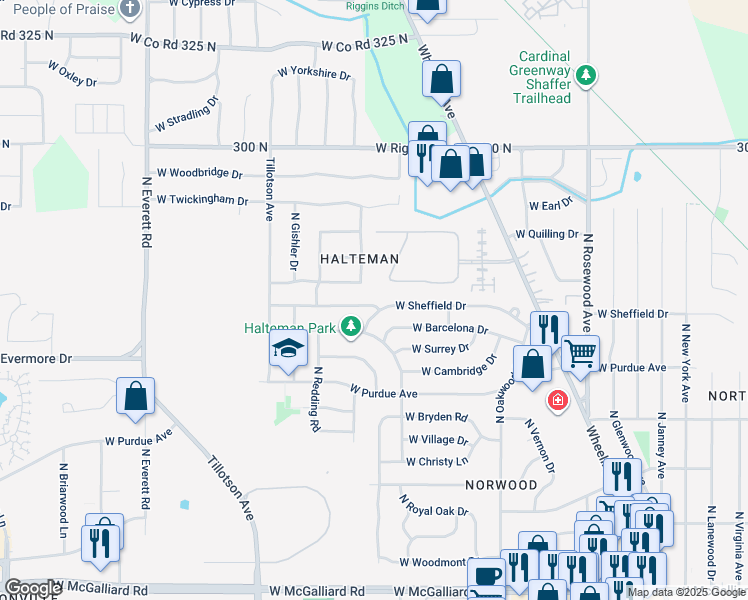 map of restaurants, bars, coffee shops, grocery stores, and more near 2408 West Sheffield Drive in Muncie
