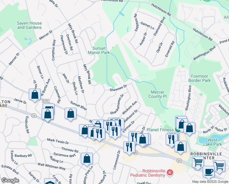 map of restaurants, bars, coffee shops, grocery stores, and more near 36 Tekening Way in Hamilton Township