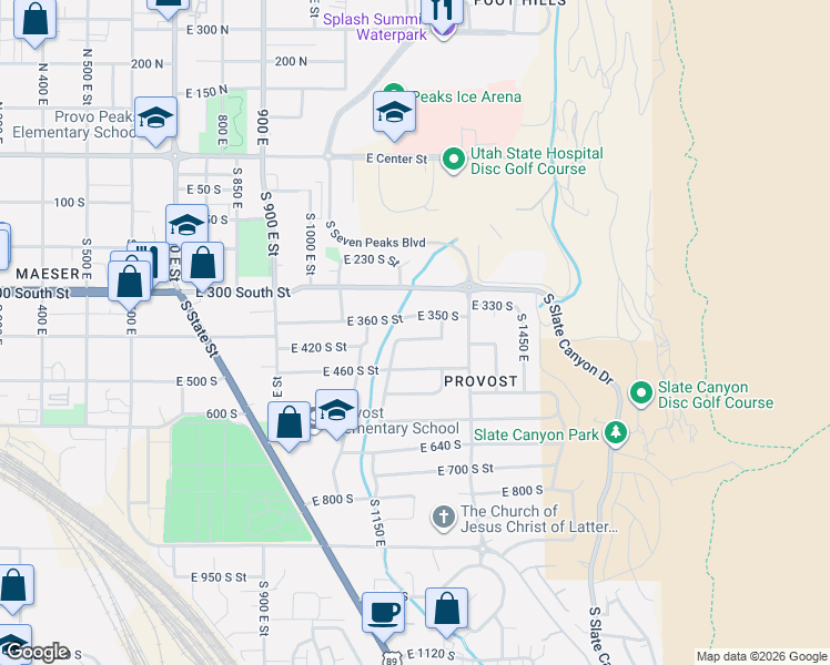 map of restaurants, bars, coffee shops, grocery stores, and more near 1211 400 South in Provo