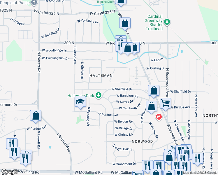 map of restaurants, bars, coffee shops, grocery stores, and more near 2408 West Sheffield Drive in Muncie