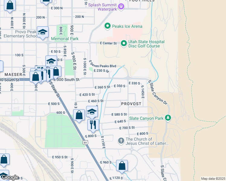 map of restaurants, bars, coffee shops, grocery stores, and more near 1211 400 South in Provo