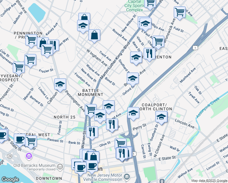 map of restaurants, bars, coffee shops, grocery stores, and more near 62 New Rose Street in Trenton