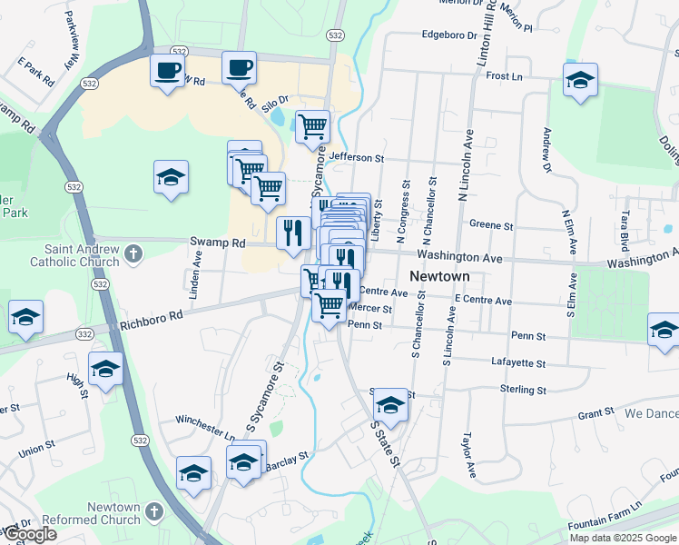map of restaurants, bars, coffee shops, grocery stores, and more near 26 South State Street in Newtown