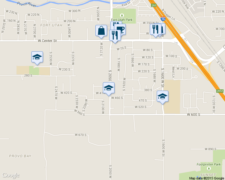 map of restaurants, bars, coffee shops, grocery stores, and more near 395 South 2050 West in Provo