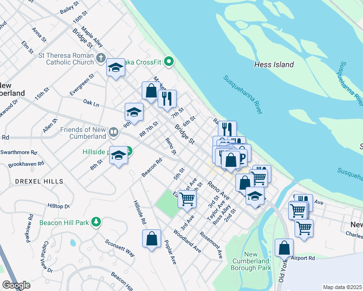 map of restaurants, bars, coffee shops, grocery stores, and more near 315 5th Street in New Cumberland