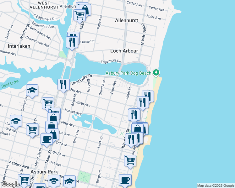 map of restaurants, bars, coffee shops, grocery stores, and more near 1615 Park Avenue in Asbury Park