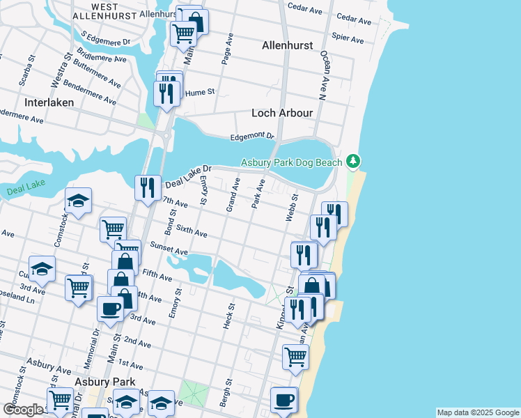 map of restaurants, bars, coffee shops, grocery stores, and more near 1615 Park Avenue in Asbury Park