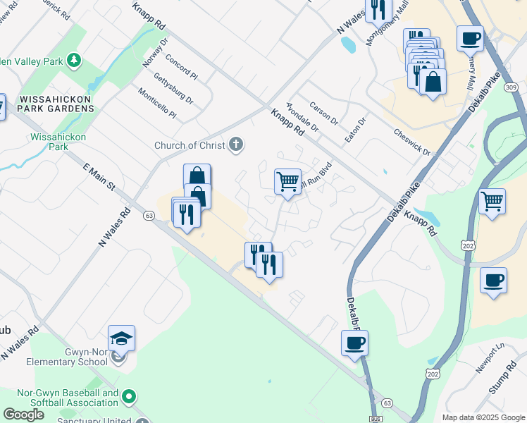 map of restaurants, bars, coffee shops, grocery stores, and more near 3501 Elizabeth's Court in North Wales