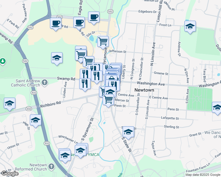 map of restaurants, bars, coffee shops, grocery stores, and more near 26 South State Street in Newtown