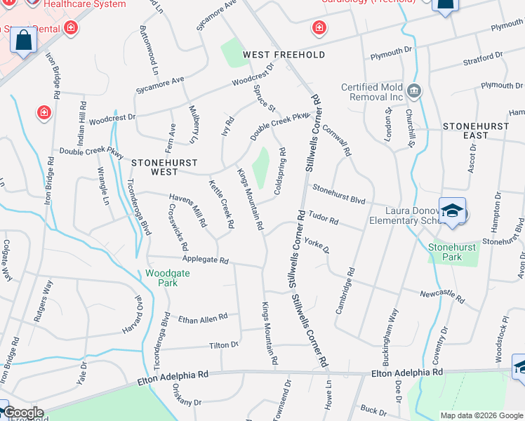 map of restaurants, bars, coffee shops, grocery stores, and more near 2 Coldspring Road in Freehold