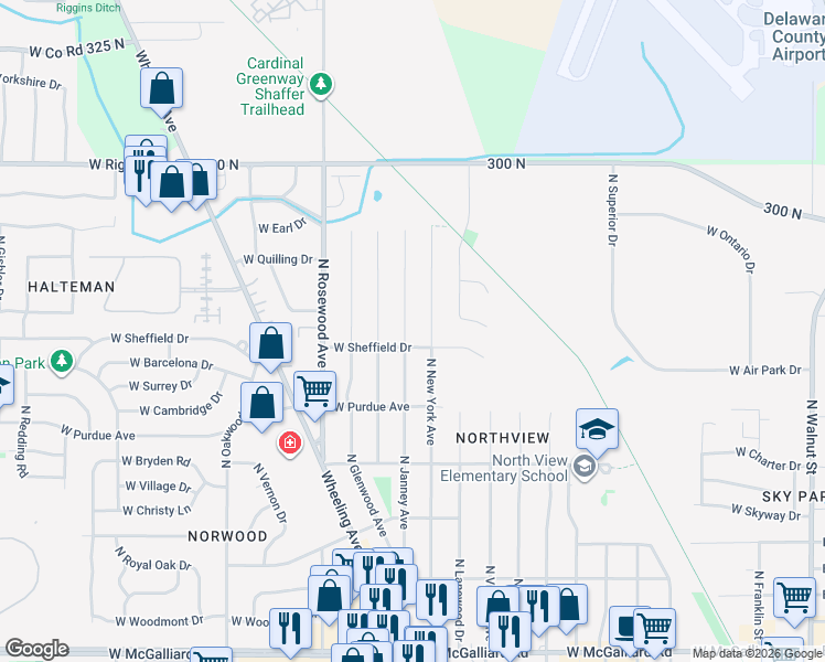 map of restaurants, bars, coffee shops, grocery stores, and more near 4304 N Janney Ave in Muncie