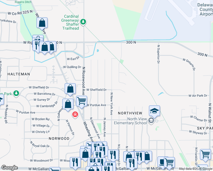 map of restaurants, bars, coffee shops, grocery stores, and more near 4304 North Janney Avenue in Muncie