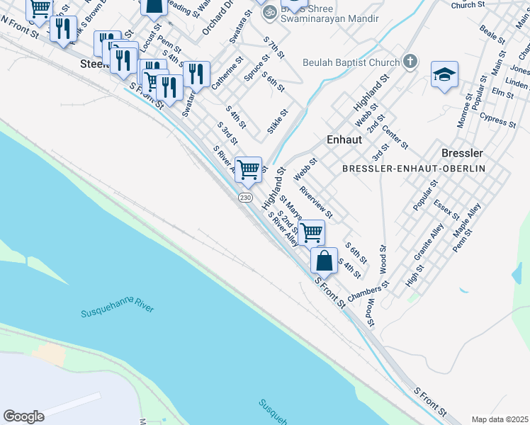 map of restaurants, bars, coffee shops, grocery stores, and more near 503 South Front Street in Steelton