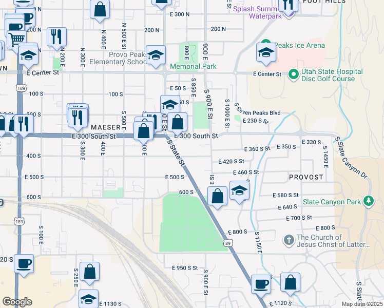 map of restaurants, bars, coffee shops, grocery stores, and more near 1073 400 South in Provo