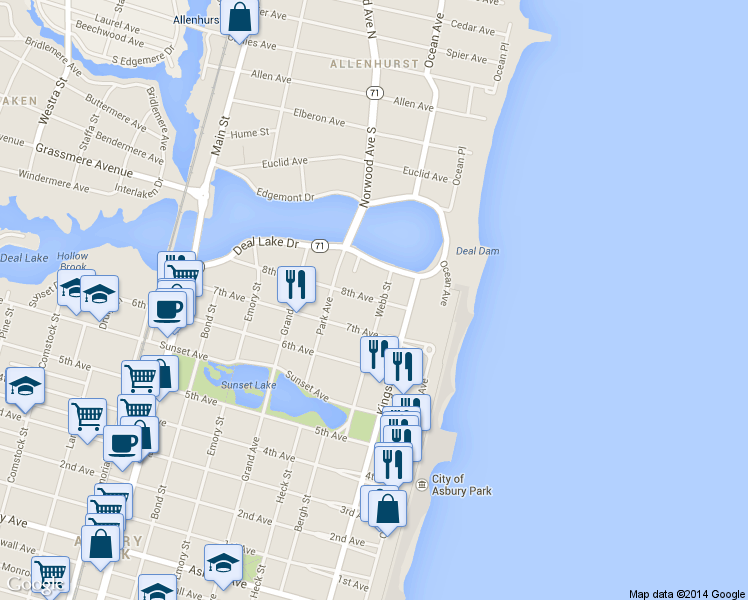 map of restaurants, bars, coffee shops, grocery stores, and more near 306 8th Avenue in Asbury Park