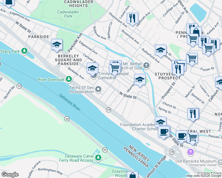 map of restaurants, bars, coffee shops, grocery stores, and more near 3 General Greene Avenue in Trenton